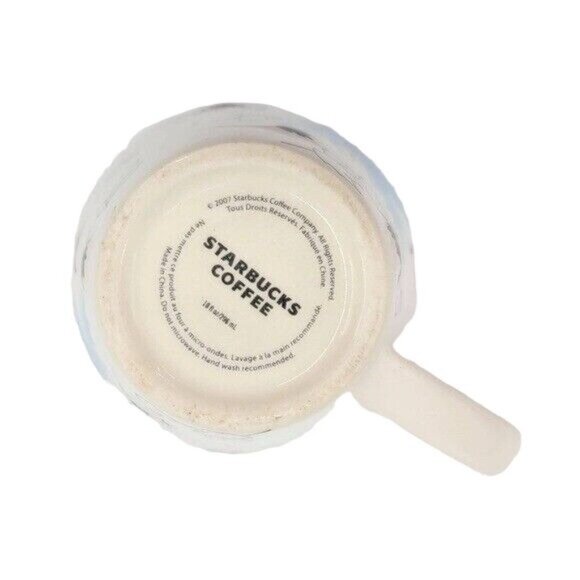 Starbucks Embossed Leaf Mug Cream Blue Teal Round 10oz 2007 Autumn Falling Taper - Picture 8 of 10